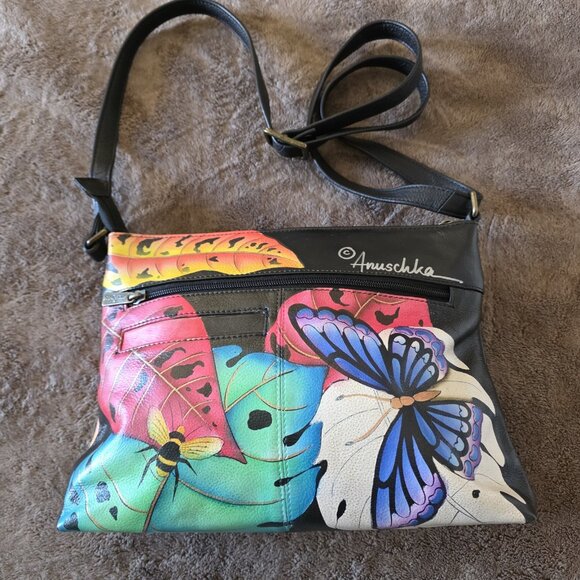 Anna by Anuschka Hand Painted Leather Crossbody Bag Butterfly Dragonfly New - Picture 14 of 16